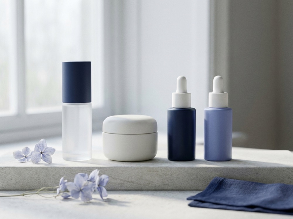 Curated unbranded Korean skincare bottles in soft light