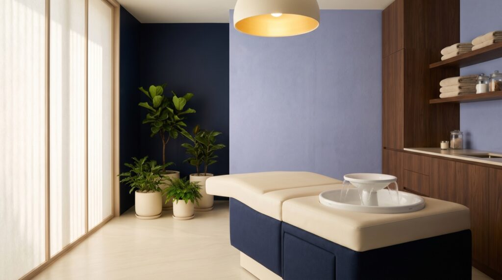 Interior of a luxury Korean-style head spa treatment room with a water-halo basin