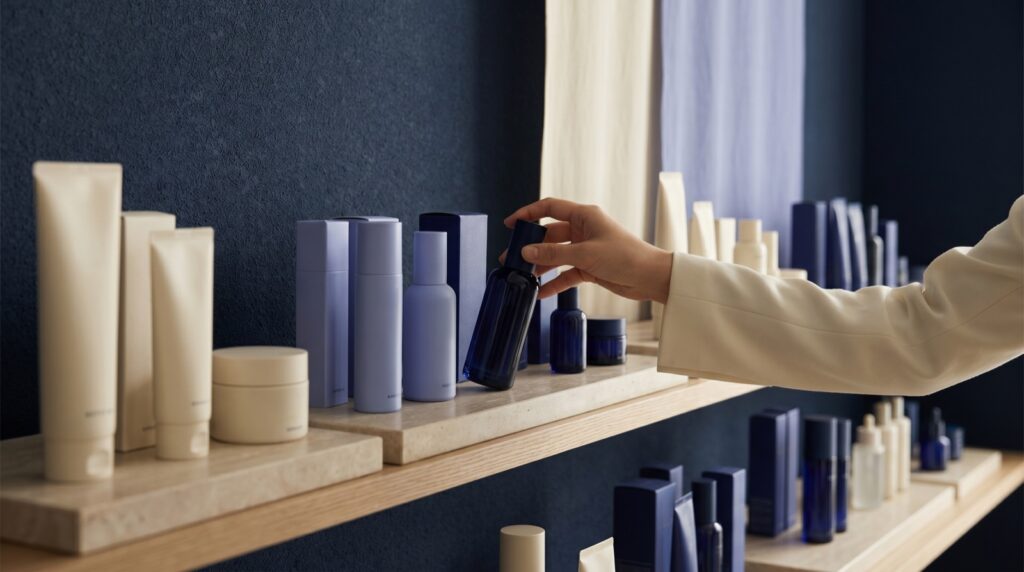 Premium Korean skincare merchandised on a clean retail display shelf