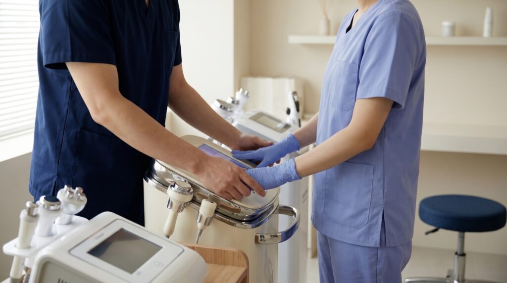 Hands-on aesthetic device training session in a clean clinical education setting