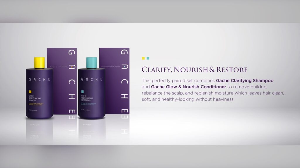 Gache line — Daily Clarifying Shampoo, Glow & Nourish Conditioner and the Duo: clarify, nourish, restore