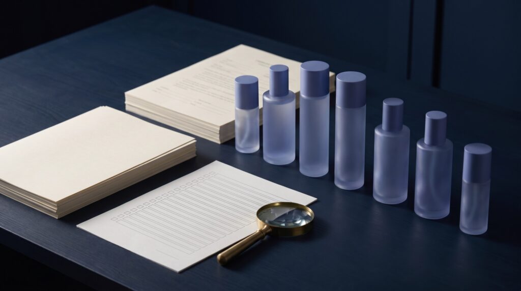 Korean cosmetic bottles beside compliance documents and a magnifying glass on a navy desk