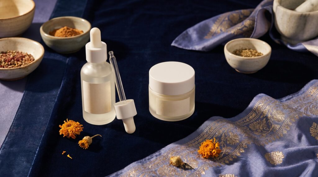Korean skincare products with subtle Indian motifs conveying market entry into India