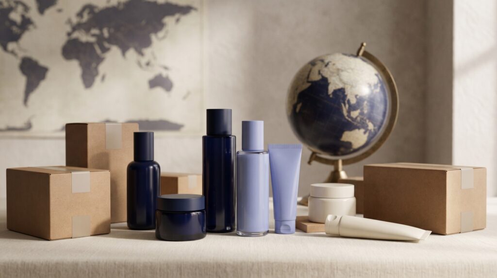 Korean cosmetic products with shipping cartons and a globe conveying global export