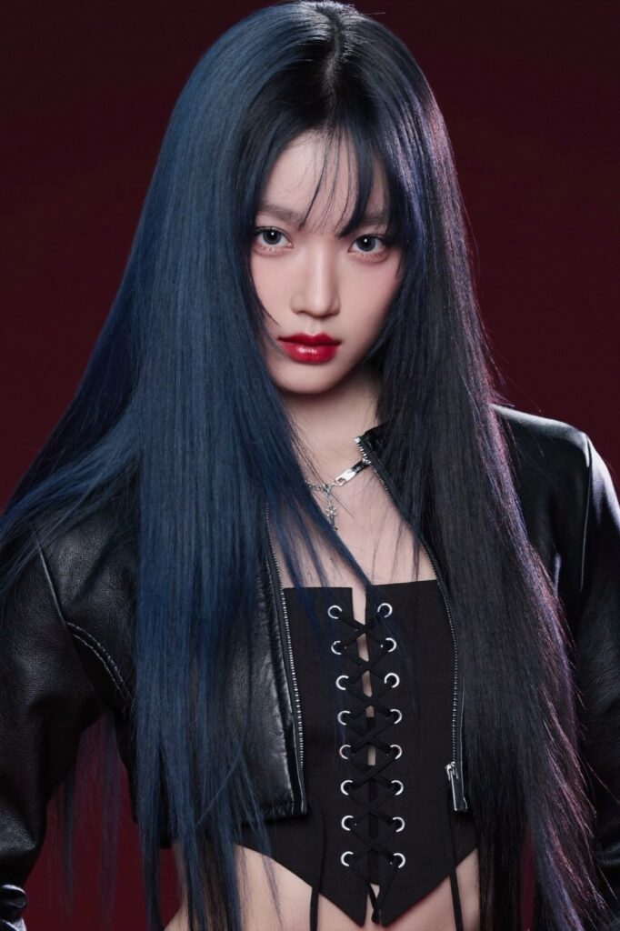 NOA — Gache’s AI virtual K-pop idol, long glossy dark hair, glow-noir styling