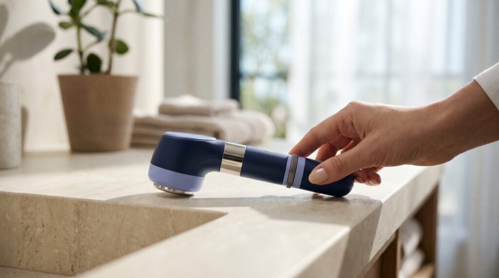 Korean professional aesthetic RF and LED device on a minimalist clinic countertop