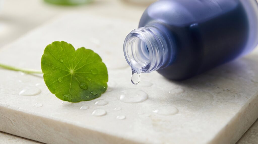 Editorial K-beauty serum dropper still life with a centella leaf and glass-skin texture