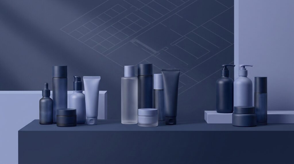 Editorial conceptual still life: a curated lineup of unbranded Korean skincare and haircare bottles in three clusters on a navy surface with a faint logistics grid