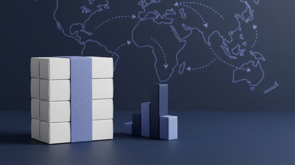 Editorial conceptual still life: unbranded cosmetic cartons with periwinkle banding, an abstract ascending bar chart and a faint trade-route map on a navy surface
