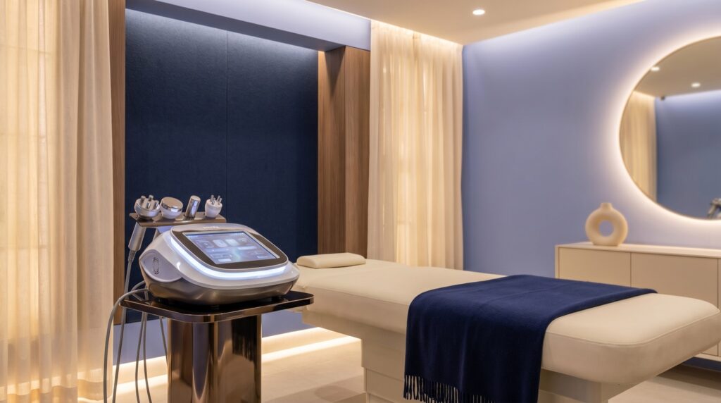 Modern med-spa treatment room with a sleek Korean RF aesthetic device on a stand, navy and periwinkle interior