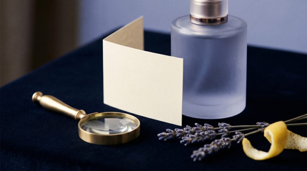 Frosted fragrance bottle with a blank label and magnifying glass beside lavender and citrus on a navy surface