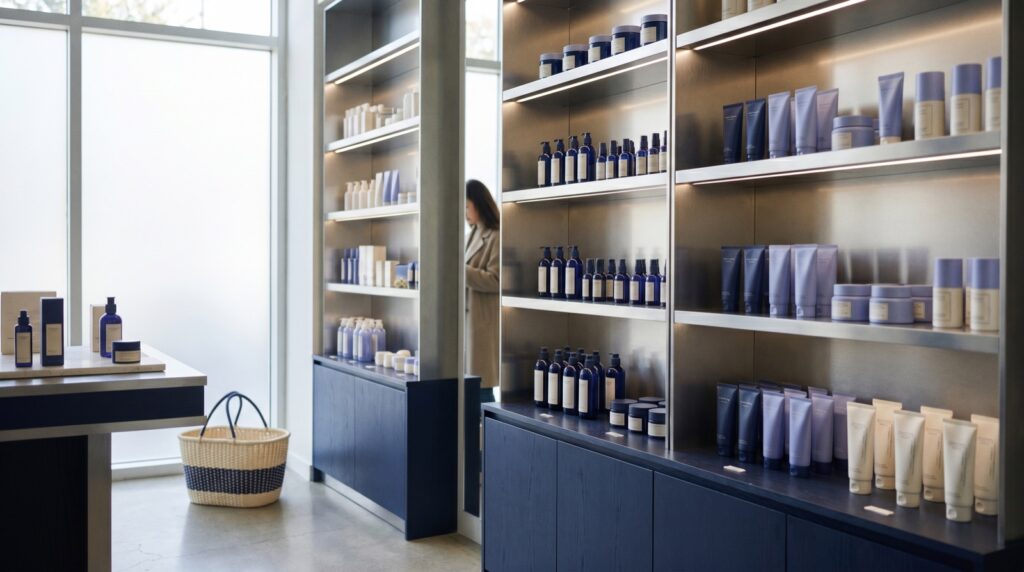 Bright modern K-beauty retail store aisle lined with Korean skincare products in navy and periwinkle