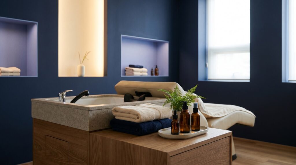 Serene Korean-style head-spa treatment room with a reclining shampoo basin, folded towels and amber bottles against navy walls