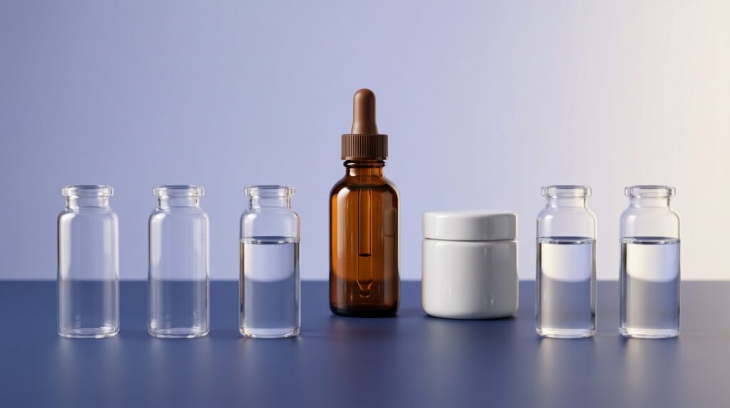 Clear glass laboratory vials, an amber dropper bottle and a white sample jar on a navy surface with a periwinkle backdrop