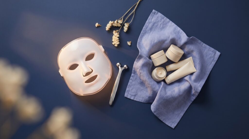 Flat lay of an LED light-therapy face mask and a silver microcurrent facial device with cream skincare on a navy surface