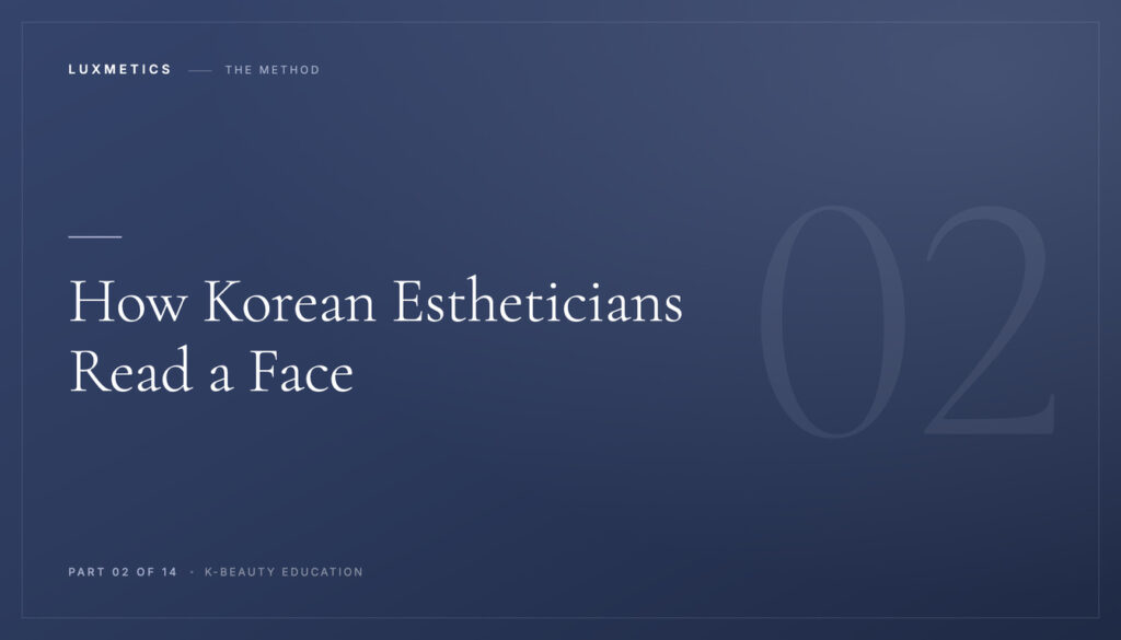 Navy typographic course card reading How Korean Estheticians Read a Face, Part 02 of 14 of the Luxmetics K-Beauty Education series