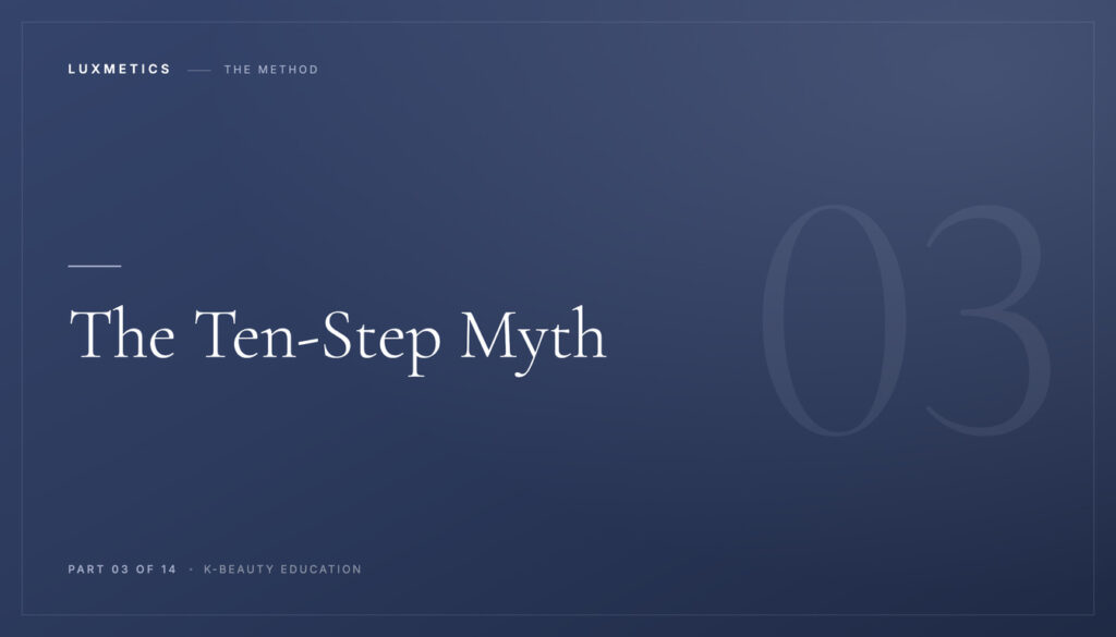 Navy typographic course card reading The Ten-Step Myth, Part 03 of 14 of the Luxmetics K-Beauty Education series