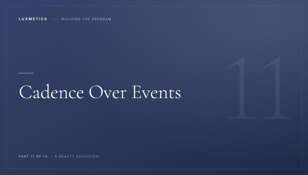 Navy typographic course card reading Cadence Over Events, Part 11 of 14 of the Luxmetics K-Beauty Education series