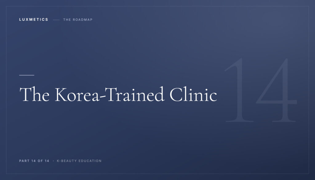 Navy typographic course card reading The Korea-Trained Clinic, Part 14 of 14 of the Luxmetics K-Beauty Education series