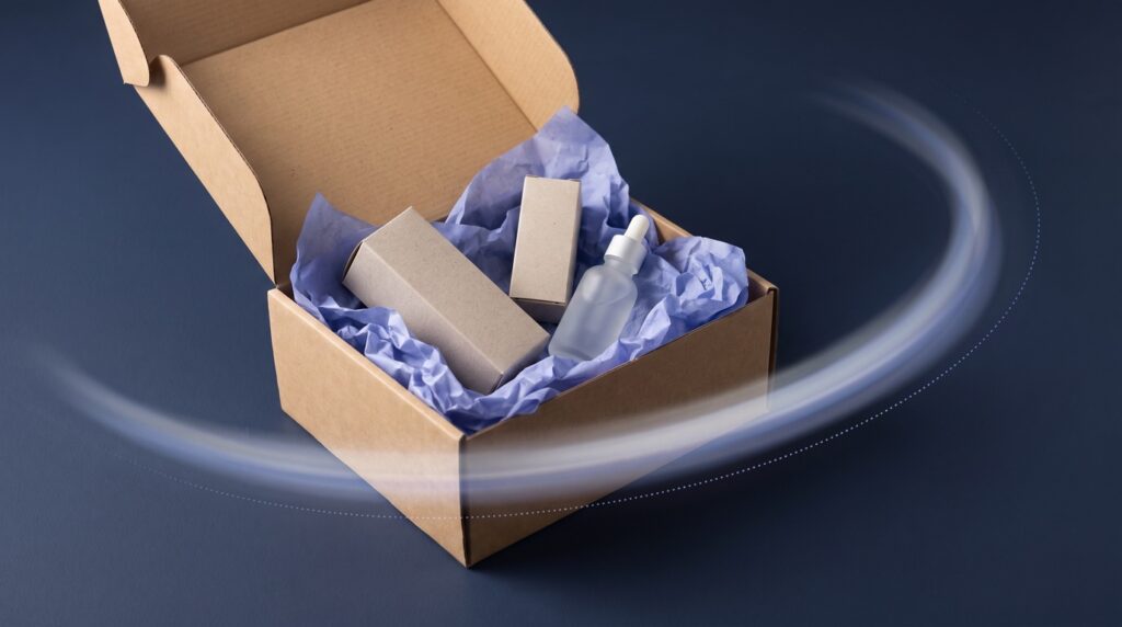 Editorial conceptual still life of an open kraft delivery parcel with periwinkle tissue and unbranded beauty cartons on a navy surface, wrapped by a soft motion-blur light trail suggesting fast delivery