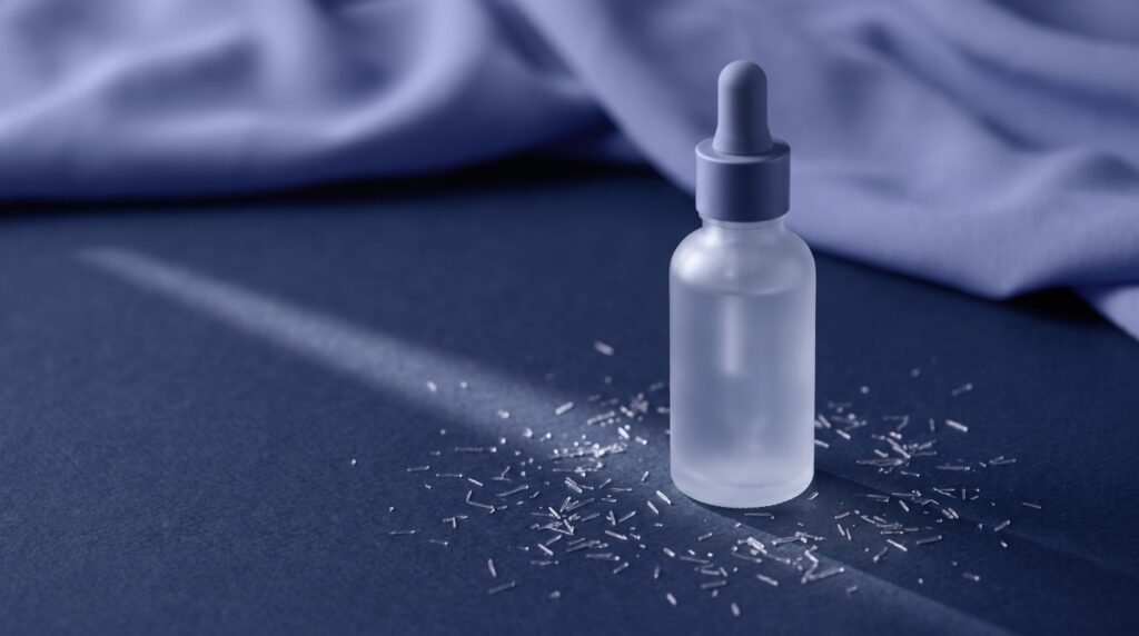 Editorial still life of a single frosted-glass serum dropper bottle on a navy surface scattered with tiny silica micro-needle crystals under a streak of light, with periwinkle linen behind