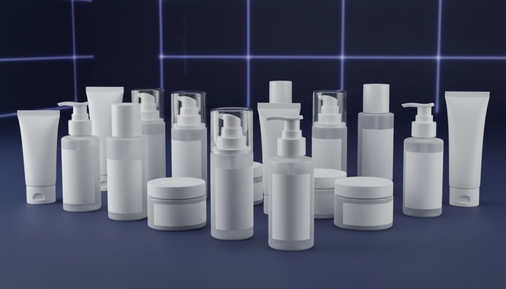 Editorial still life of identical unbranded white and frosted private-label skincare bottles, jars and tubes with blank labels on a navy manufacturing sample tray with a faint production-line grid