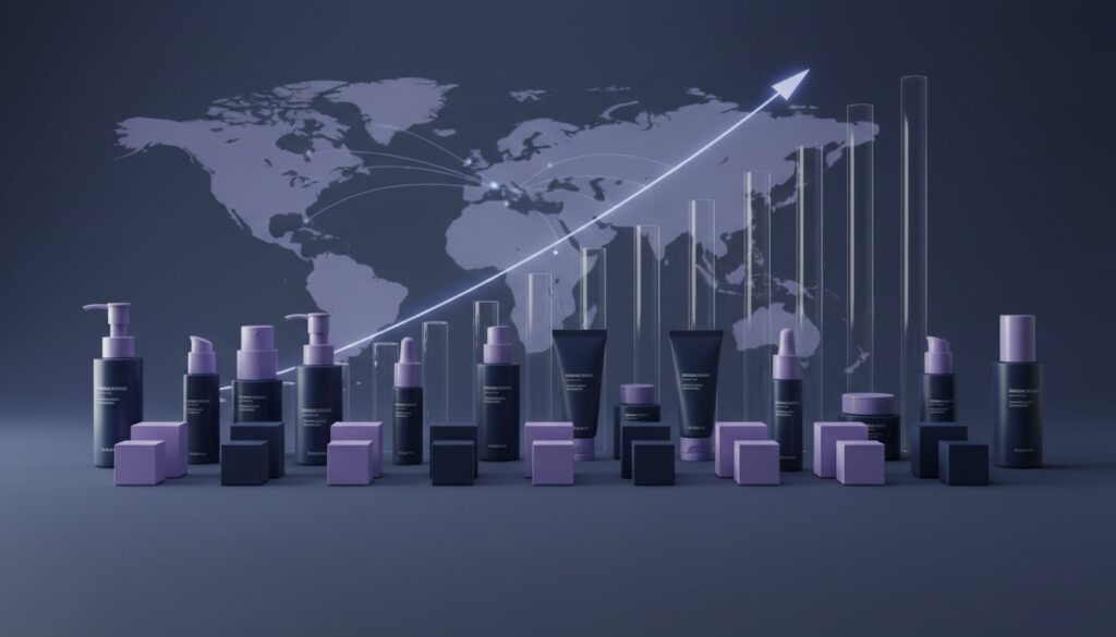 Editorial still life of unbranded navy and periwinkle cosmetic bottles and shipping cartons in export-ready rows on a navy surface, with a faint ascending bar chart and world trade-route map behind