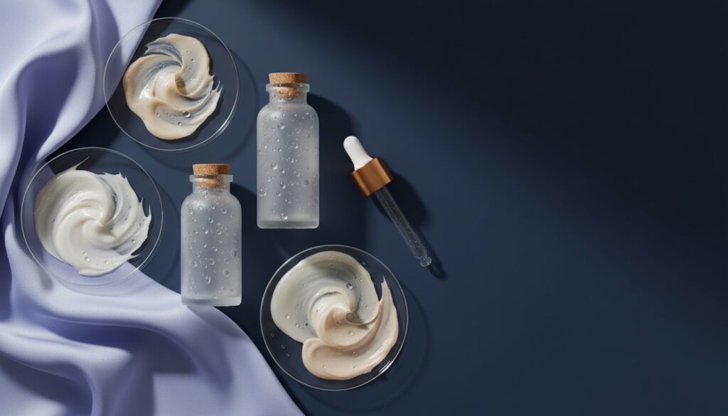 Editorial still life of unbranded frosted-glass serum bottles and a dropper beside petri dishes of swirling fermented cream texture on a navy surface with periwinkle silk