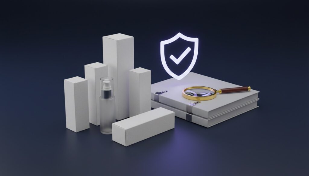 Editorial still life of unbranded cosmetic cartons and a bottle beside blank document folders, a magnifying glass and a glowing periwinkle shield-checkmark icon on a navy surface
