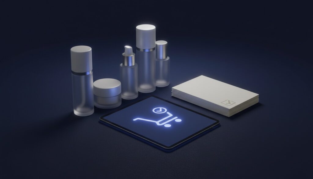 Editorial still life of unbranded cosmetic bottles beside a tablet showing an abstract shopping-cart icon and a stack of blank compliance document cards on a navy surface with periwinkle accents