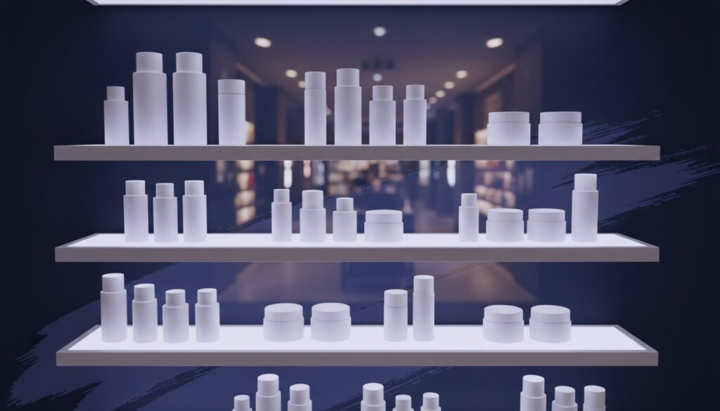 Editorial still life of unbranded skincare bottles on a clean retail shelf display with soft periwinkle shelf-edge lighting and a faint store-aisle perspective on a navy background