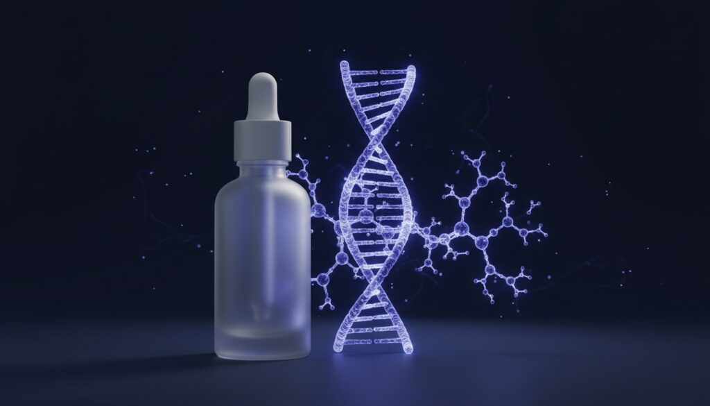 Editorial still life of an unbranded frosted-glass serum bottle and dropper beside a glowing periwinkle DNA double helix and molecular peptide chain on a navy background