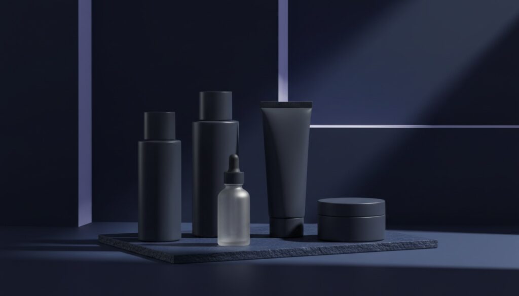 Editorial still life of a minimalist lineup of unbranded matte dark-grey and frosted skincare bottles with clean masculine design on a navy stone slab with a single beam of light