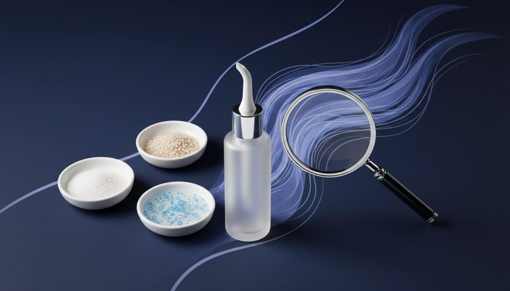 Editorial still life of an unbranded frosted-glass scalp serum bottle with a precision applicator, a magnifying loupe, and small dishes of exfoliant texture on a navy surface with periwinkle accents