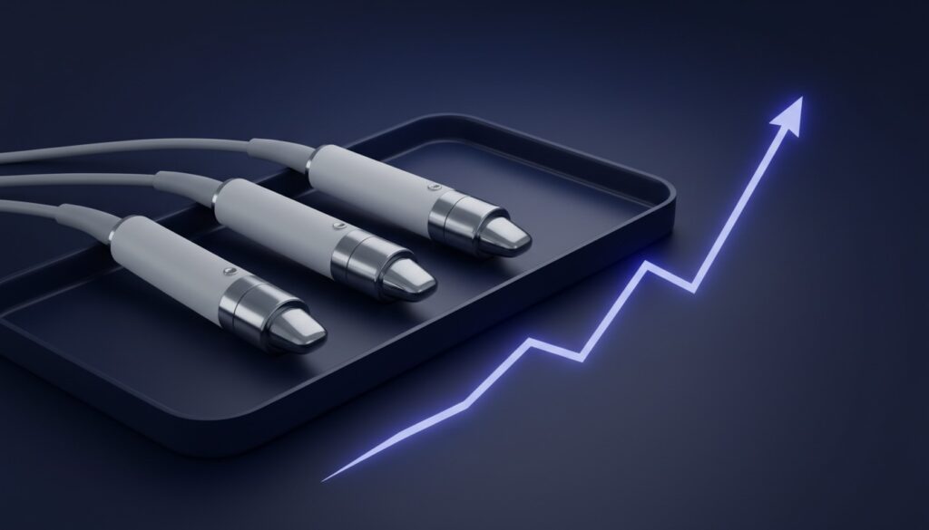 Editorial still life of sleek unbranded professional aesthetic-device handpieces on a navy clinic tray beside a glowing periwinkle ascending line chart
