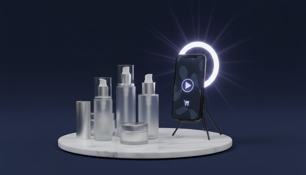 Editorial still life of unbranded skincare bottles beside a smartphone on a ring-light stand showing a glowing periwinkle play button and shopping-cart icon on a navy surface