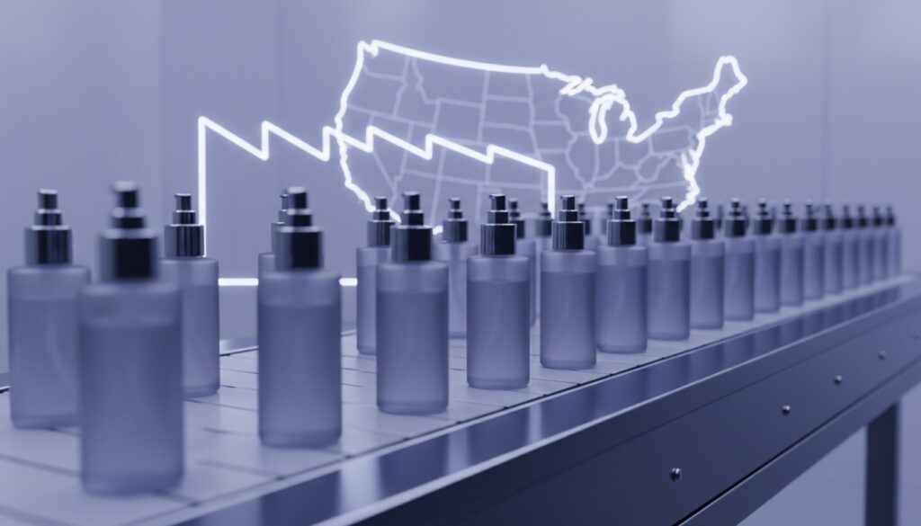 Editorial still life of rows of unbranded cosmetic bottles on a manufacturing conveyor line with a faint factory outline and glowing periwinkle U.S. map behind, on a navy background