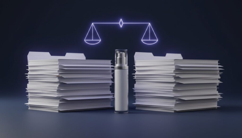 Editorial still life of an unbranded cosmetic bottle centered between two stacks of blank regulatory document folders with a glowing periwinkle balance-scale motif above, on a navy background