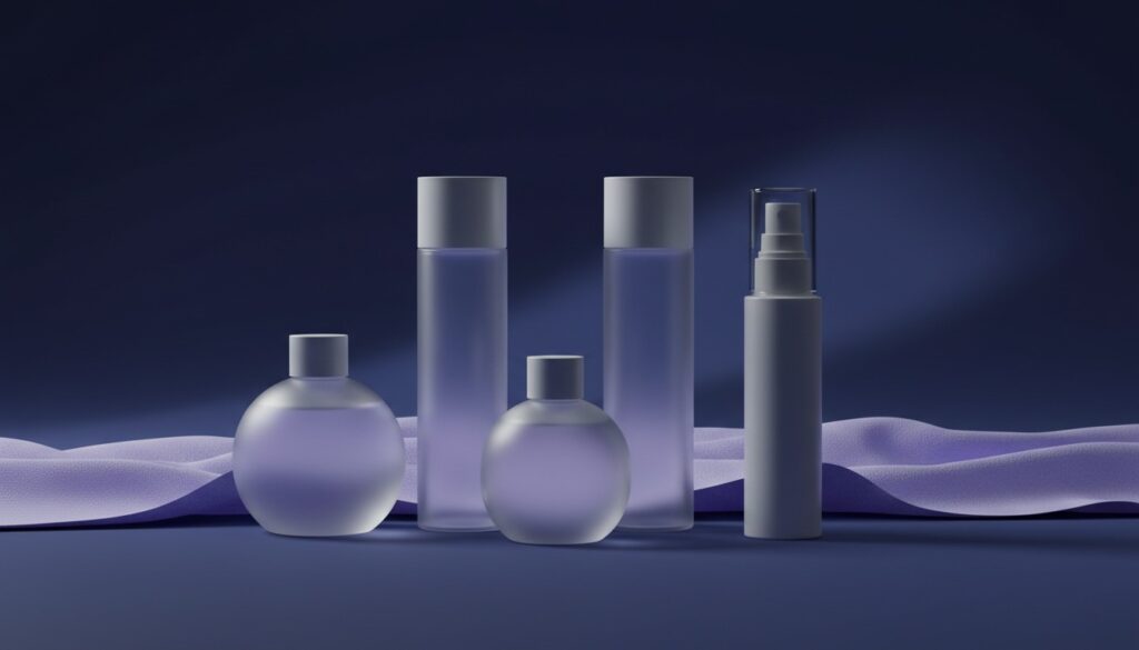 Editorial still life of unbranded tall frosted-glass body serum bottles, a body ampoule and a fine-mist body essence spray on a navy surface with a periwinkle towel drape