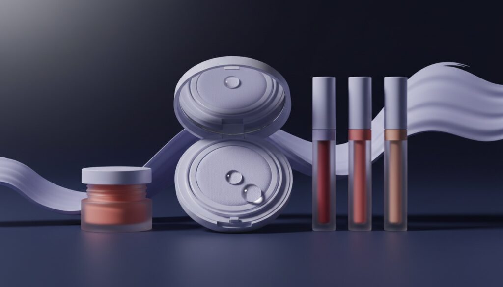 Editorial still life of an unbranded open cushion compact, slim lip-tint tubes and a cream-blush pot on a navy surface with periwinkle accents and a dewy droplet