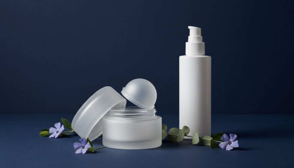 Editorial still life of an unbranded refillable frosted-glass jar with its outer shell open beside an inner refill pod and a mono-material bottle, with greenery and periwinkle flowers on a navy surface