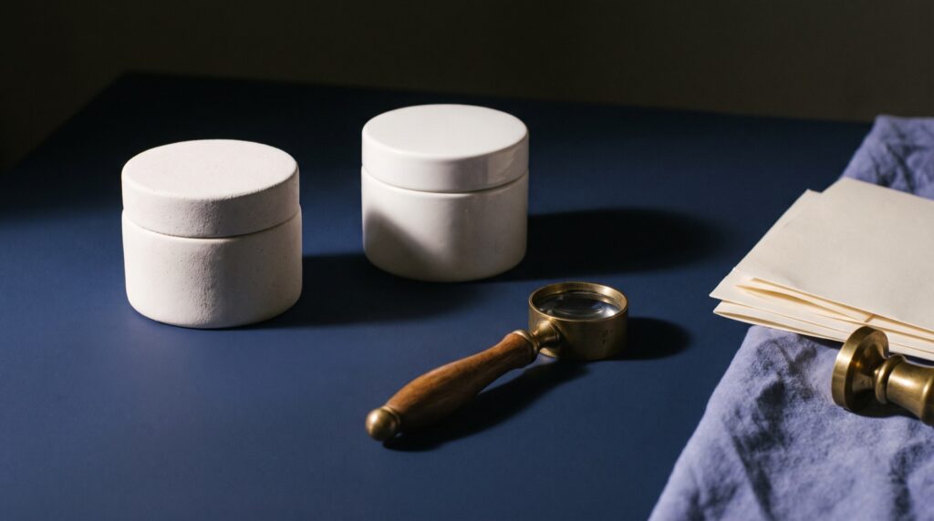 Two visually identical unbranded white ceramic cosmetic jars on a navy surface beside a brass magnifying loupe, cream documents and periwinkle cloth