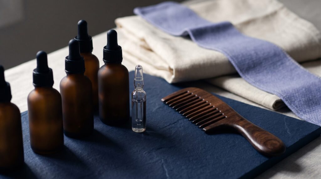 Editorial still life of frosted amber dropper bottles, an ampoule vial and a wooden wide-tooth comb on a navy slate slab with cream linen and periwinkle cloth