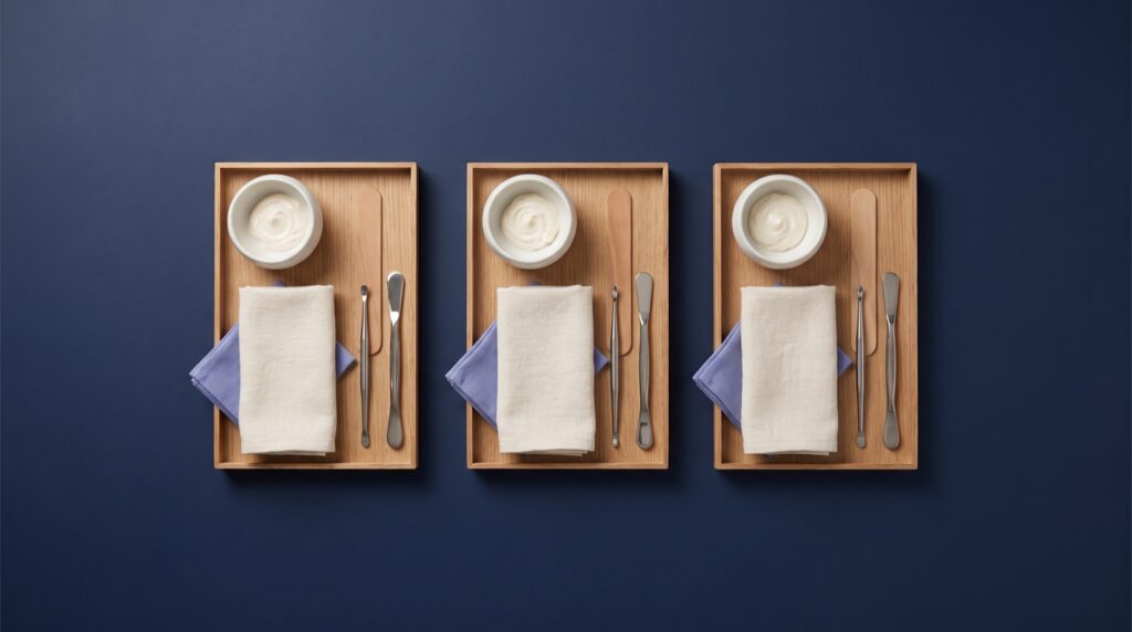 Overhead flat lay of three identical wooden spa treatment trays with matching bowls, folded cream linens and steel tools on a deep navy surface