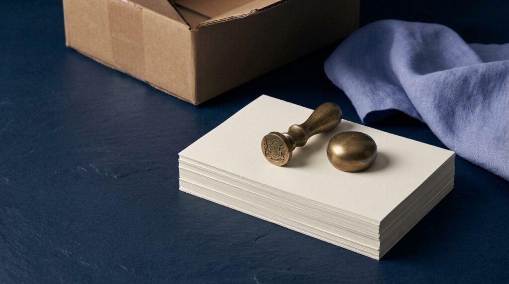 Editorial still life of a stack of blank cream documents with a brass stamp and paperweight on a navy slate surface beside a plain cardboard carton corner