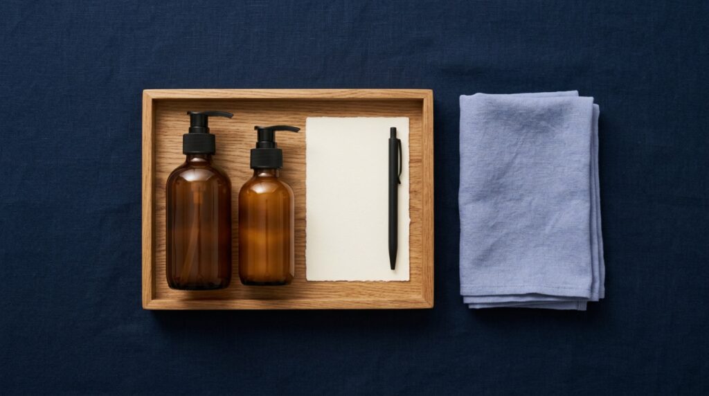 Overhead flat lay of a wooden tray holding two unbranded amber pump bottles, a blank cream card and a pen on a deep navy surface with periwinkle cloth
