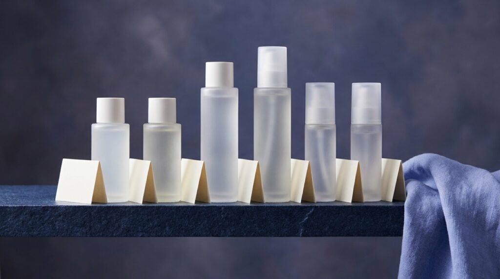 Editorial still life of six unbranded frosted glass cosmetic bottles in a row on a navy stone shelf with blank cream cards and periwinkle cloth