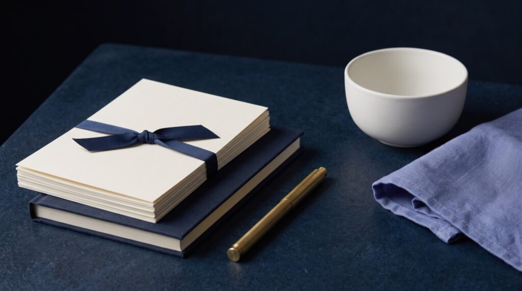 Editorial still life of a ribbon-tied stack of blank cream card stock on a navy linen notebook with a brass pen, white ceramic bowl and periwinkle cloth