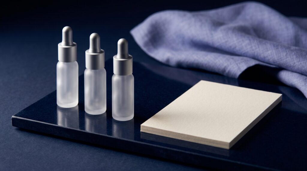 Editorial still life of three unbranded frosted glass dropper vials on a navy stone slab beside a stack of blank cream cards and periwinkle cloth
