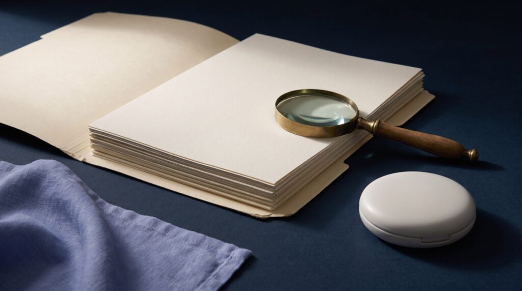 Editorial still life of blank cream documents in a folder on a navy desk with a brass magnifying glass and an unbranded white compact case